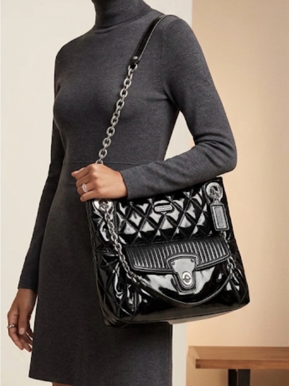 Coach Quilted Black Patent Leather Shoulder Bag